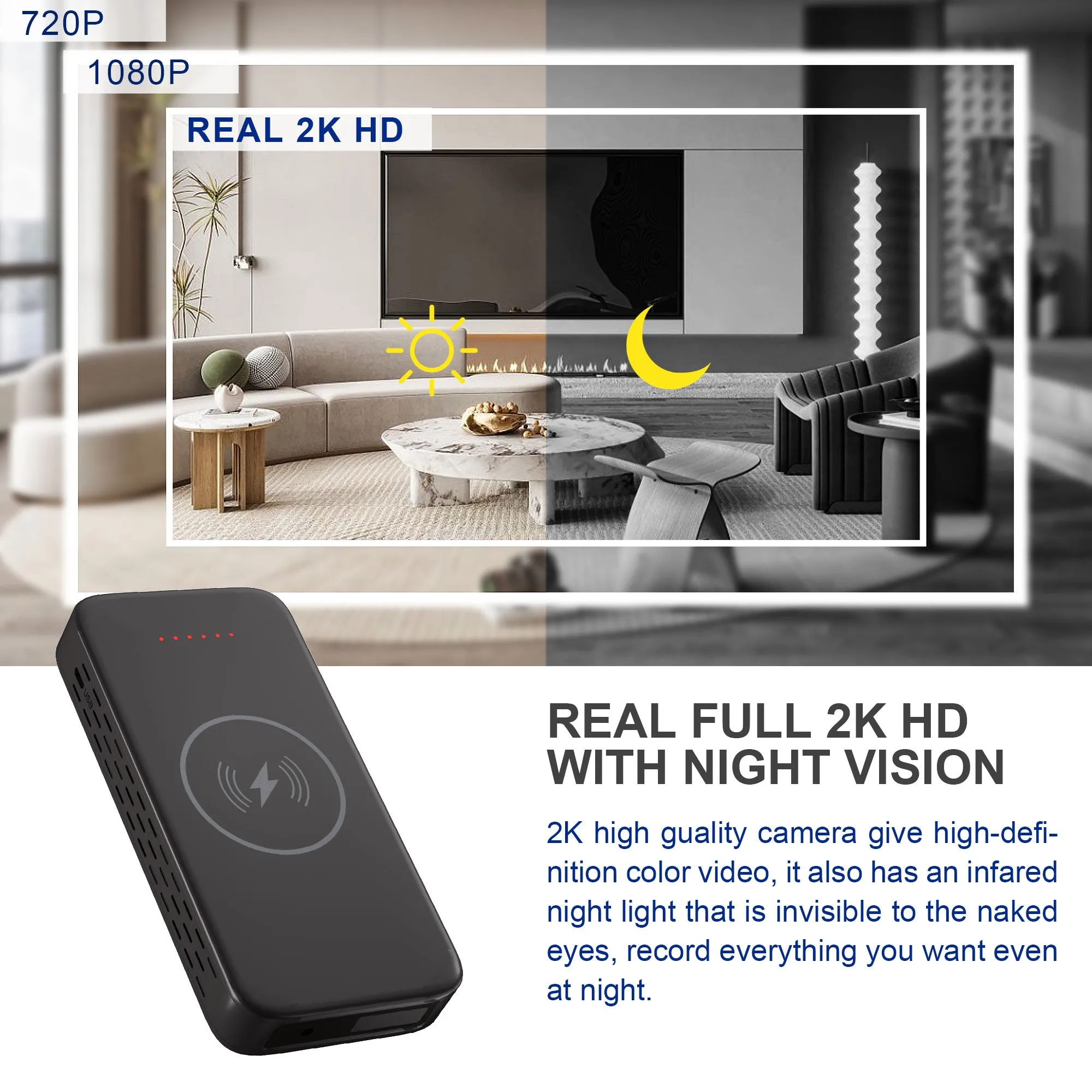 2K Spy Camera Wireless Charging Power Bank with Motion Detection (Support Offline Recording)