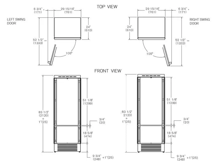 Bertazzoni 30 inch Left Door Built-In Bottom Mount Refrigerator With Ice Maker REF30BMBIPLT