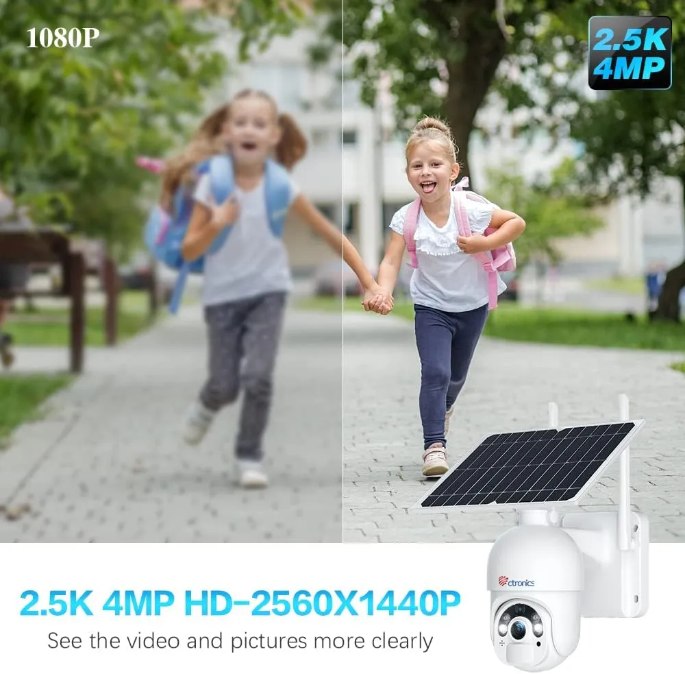 Ctronics 2.5K 4MP Solar Security Camera Outdoor - Battery/Solar Powered & Wireless