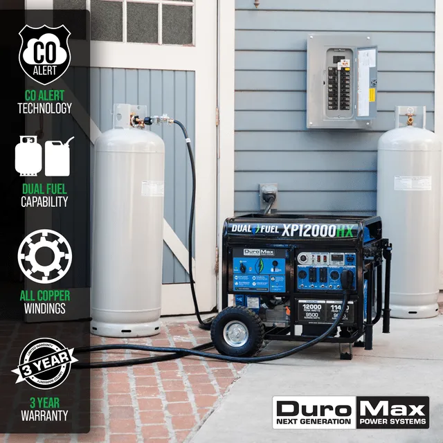 DuroMax 12,000 Watt Portable Dual Fuel Gas Propane CO Alert Generator - XP12000HX