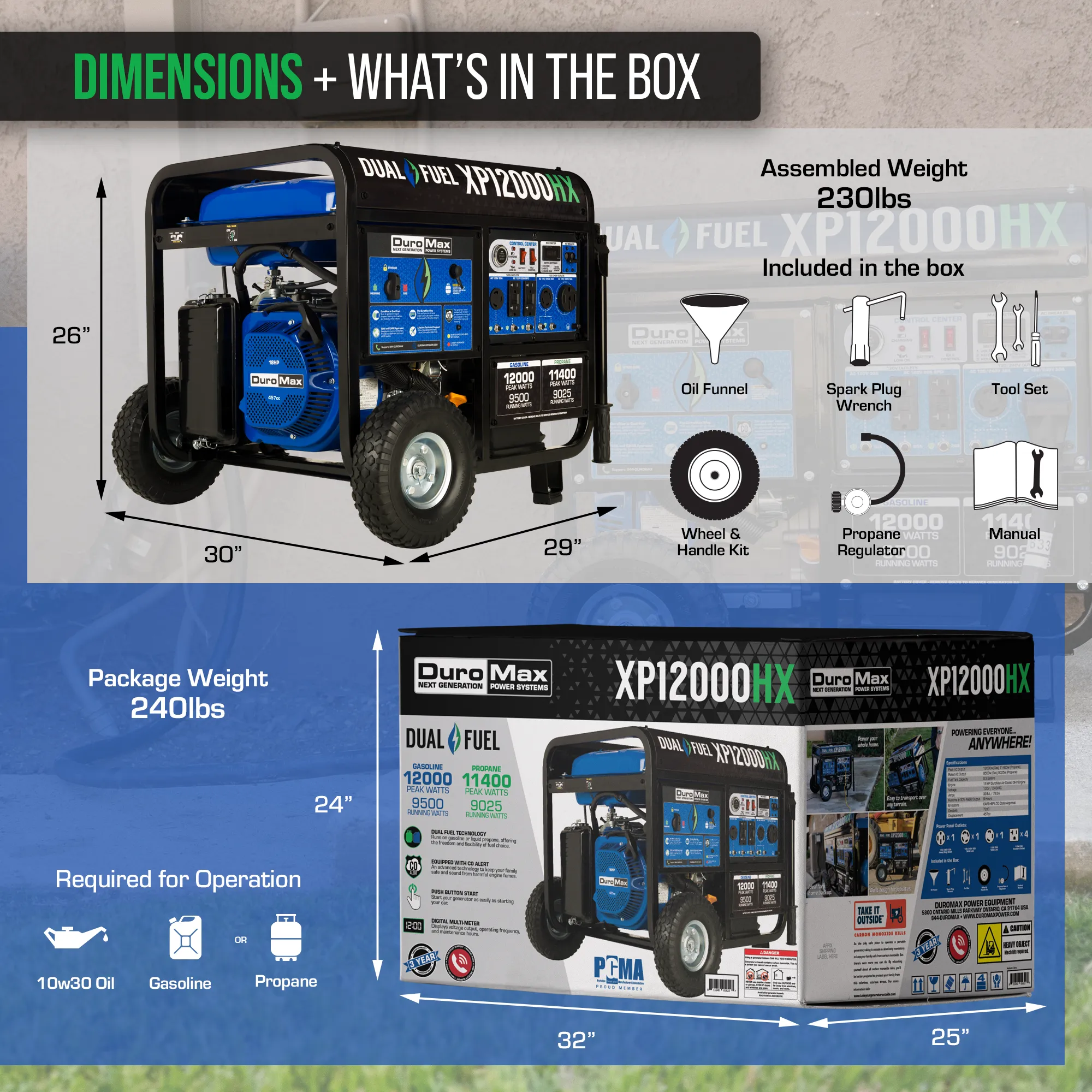 DuroMax XP12000HX 12,000 Watt Portable Dual Fuel Gas Propane CO Alert Generator