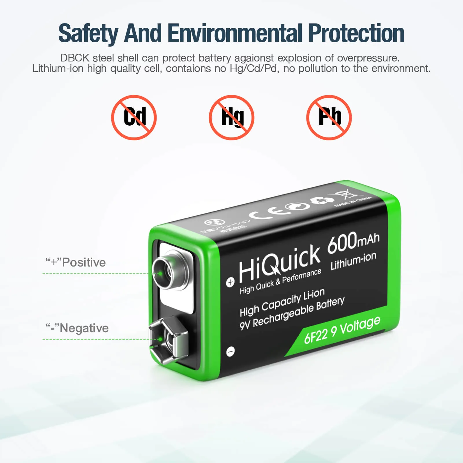 HiQuick 9V Li-ion Rechargeable Batteries 600mAh