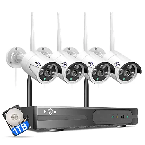 Hiseeu 2K,Two Way Audio Wireless Security Camera System,1TB Hard Drive,4Pcs 3MP Cameras 10Channel NVR,Mobile&PC Remote,Outdoor IP66 Waterproof,Night Vision,Motion Alert,Plug&Play,7/24/Motion Record