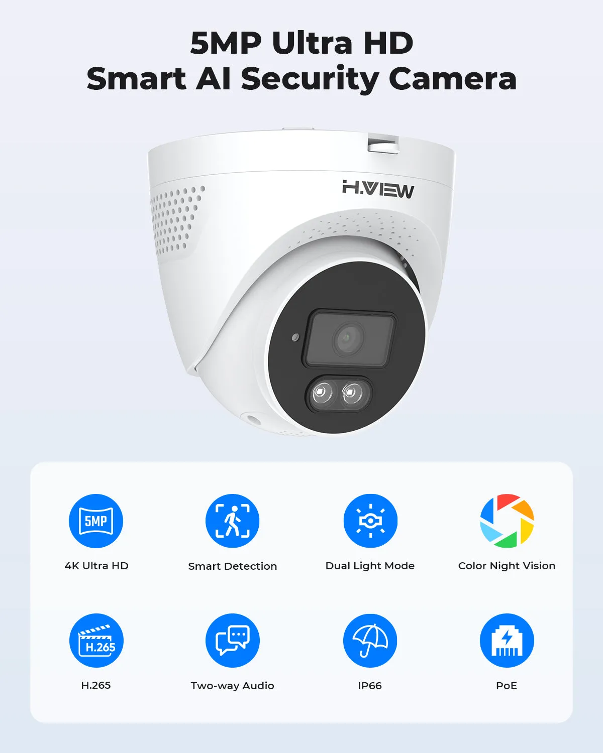 H.VIEW 5MP Spotlight Camera, POE Outdoor Security IP Turret Camera with Mic/Audio, 5-Megapixel, 2.8mm Lens, IP67 Weatherproof, HV-XM502