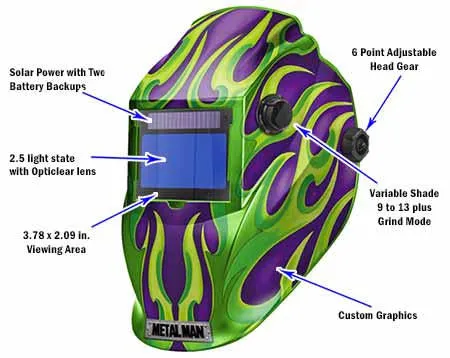 Metal Man APG8735SGC Purple w/ Green Flames BIG Window Variable Shade Auto Darkening Welding Helmet