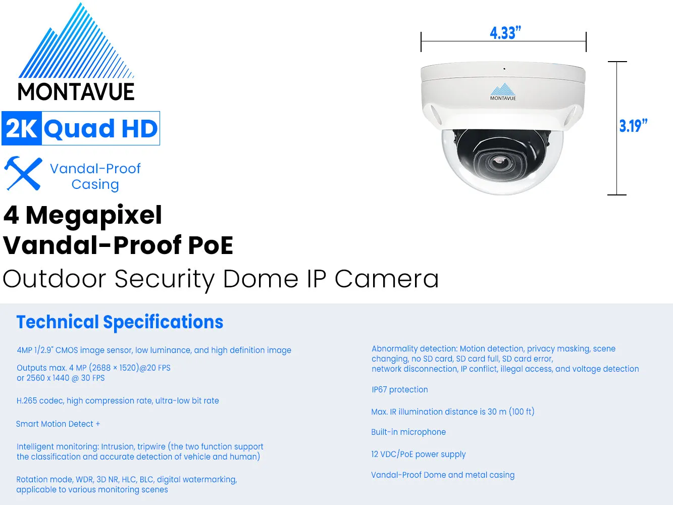 MTD4095 | 4MP 2K Vandal-Proof IK10 Dome Security Camera with SMD 