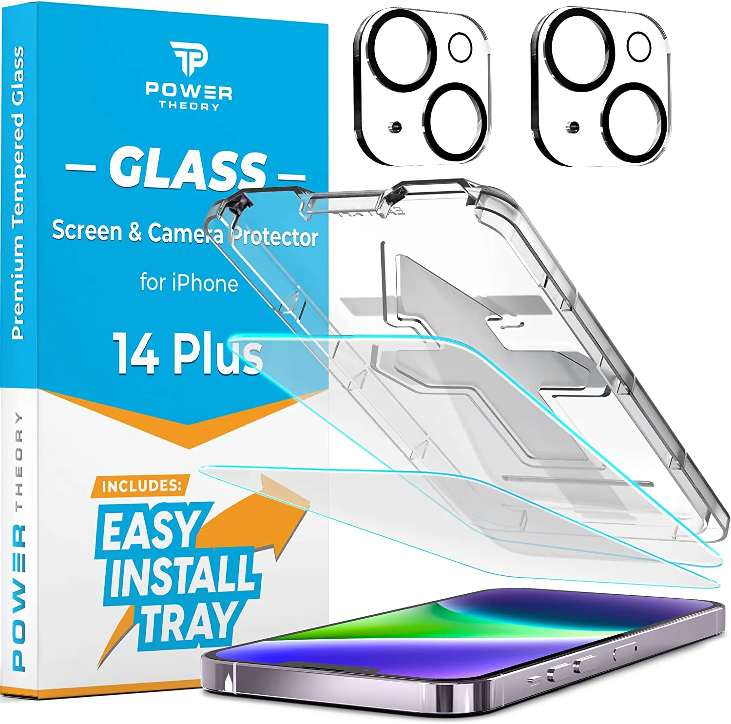 Power Theory [2 2] Designed for iPhone 14 Plus Screen Protector with Camera Lens Protectors and Easy Install Kit [Premium Tempered Glass]…