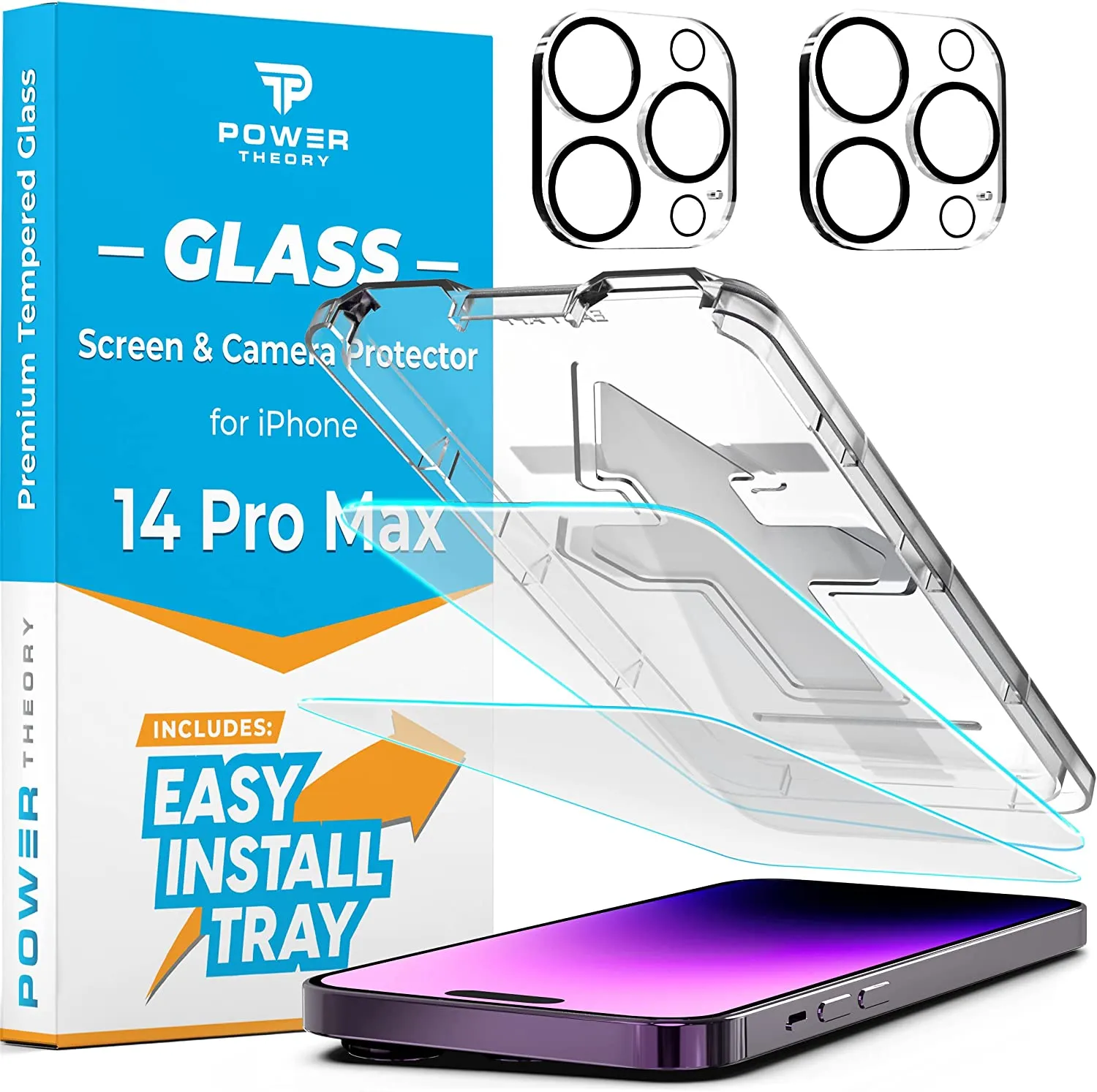 Power Theory [2 2] Designed for iPhone 14 Pro Max Screen Protector with Camera Lens Protectors and Easy Install Kit [Premium Tempered Glass]…