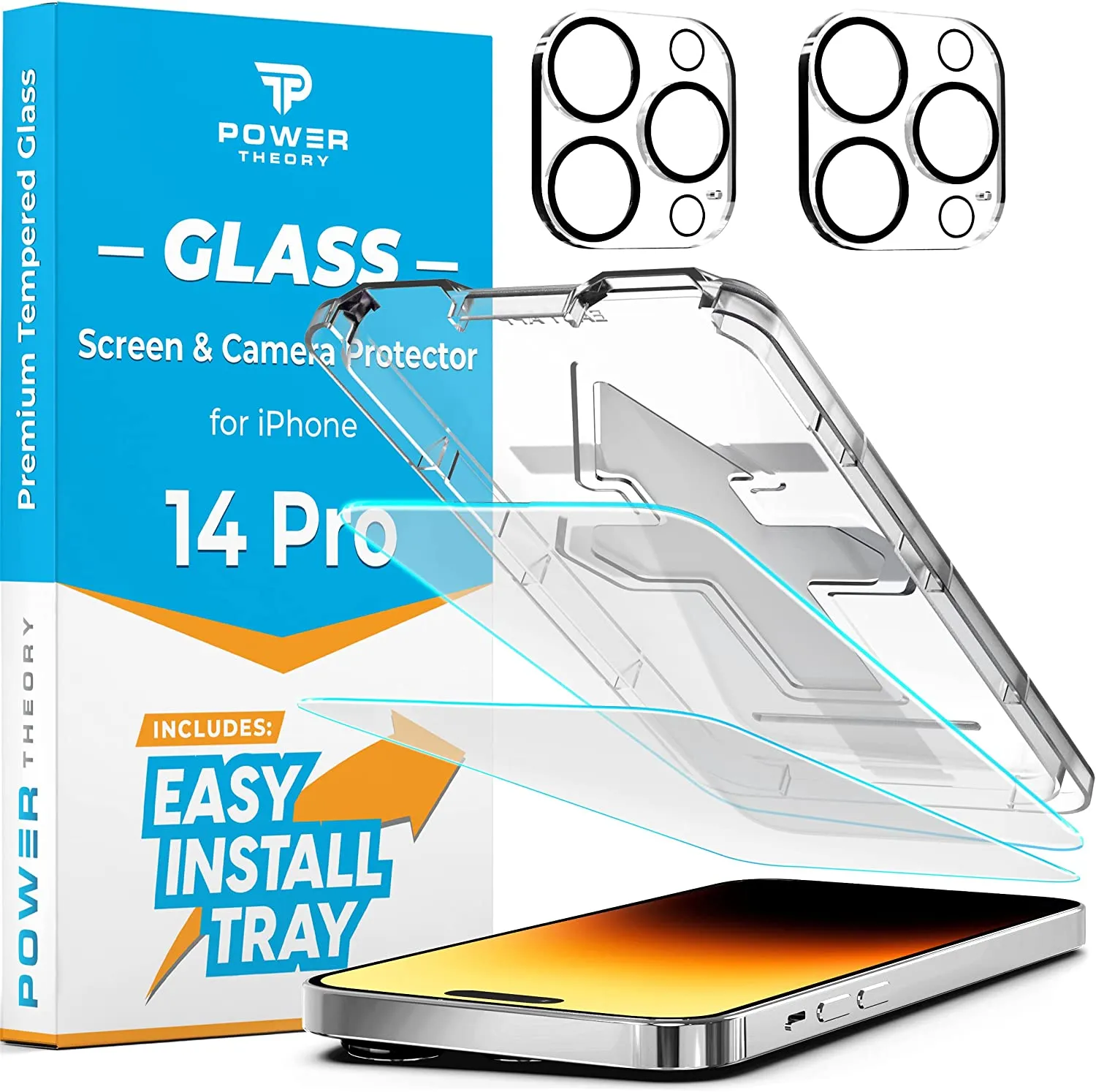 Power Theory [2 2] Designed for iPhone 14 Pro Screen Protector with Camera Lens Protectors and Easy Install Kit [Premium Tempered Glass]