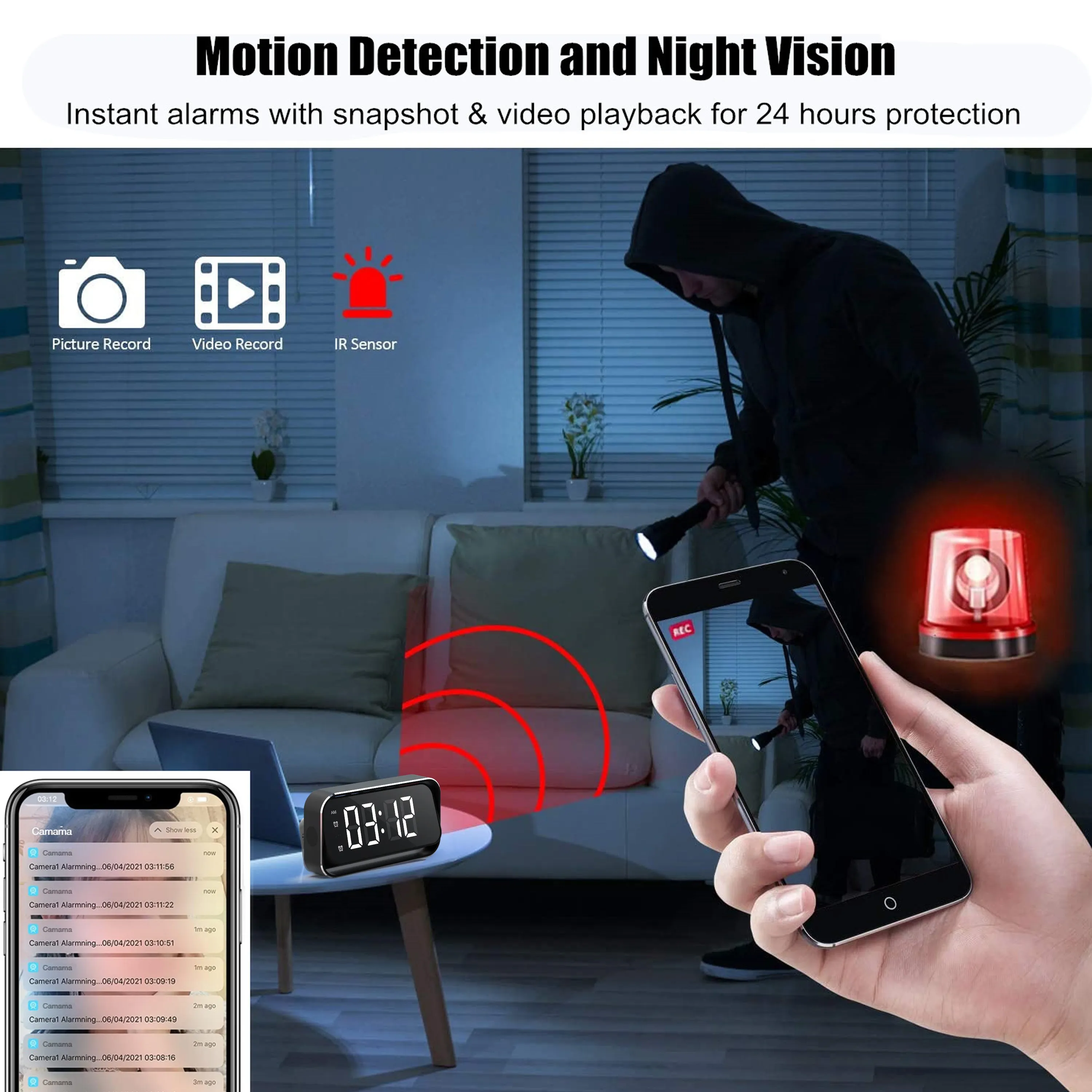 Smart Alarm Clock Spy Camera 1080P/2K/4K Full HD with Remote Night Vision & Motion Detection