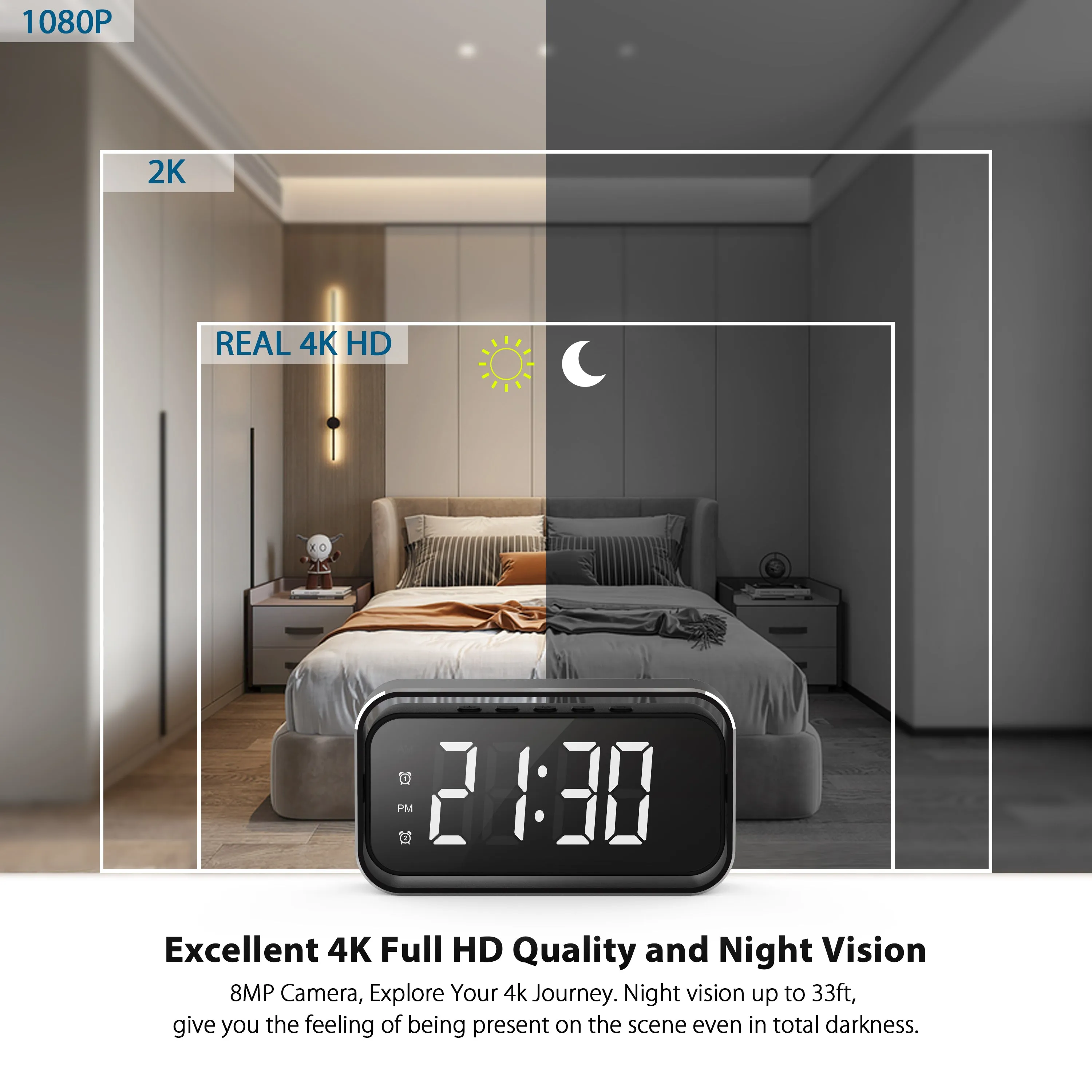 Smart Alarm Clock Spy Camera 1080P/2K/4K Full HD with Remote Night Vision & Motion Detection