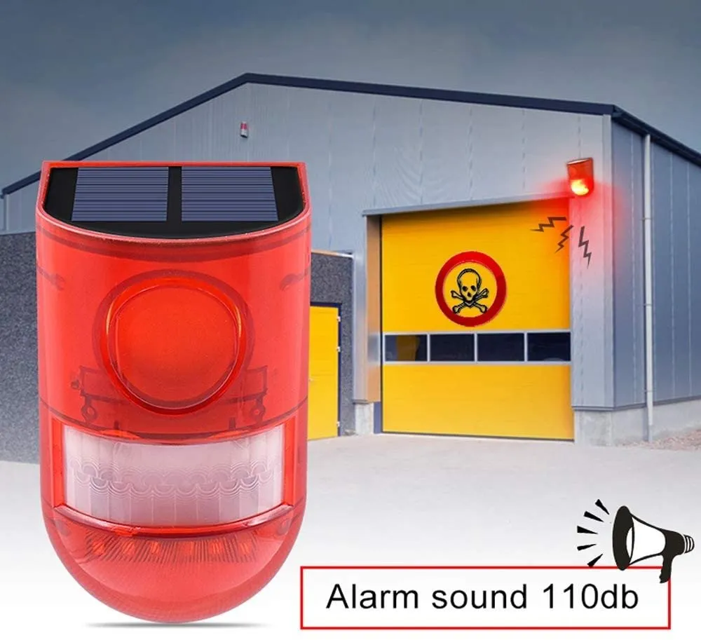 Solar Sound & Light Alarm Motion Sensor 110 Decibels Siren Sound Alert & 6LEDs Flash Warning Strobe Security Alarm System for Farm Villa