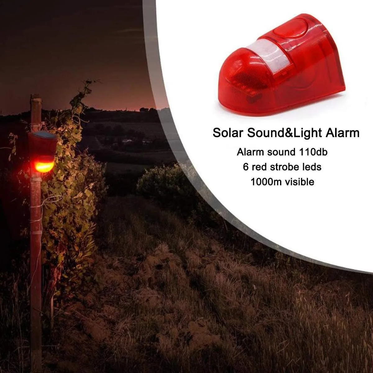 Solar Sound & Light Alarm Motion Sensor 110 Decibels Siren Sound Alert & 6LEDs Flash Warning Strobe Security Alarm System for Farm Villa